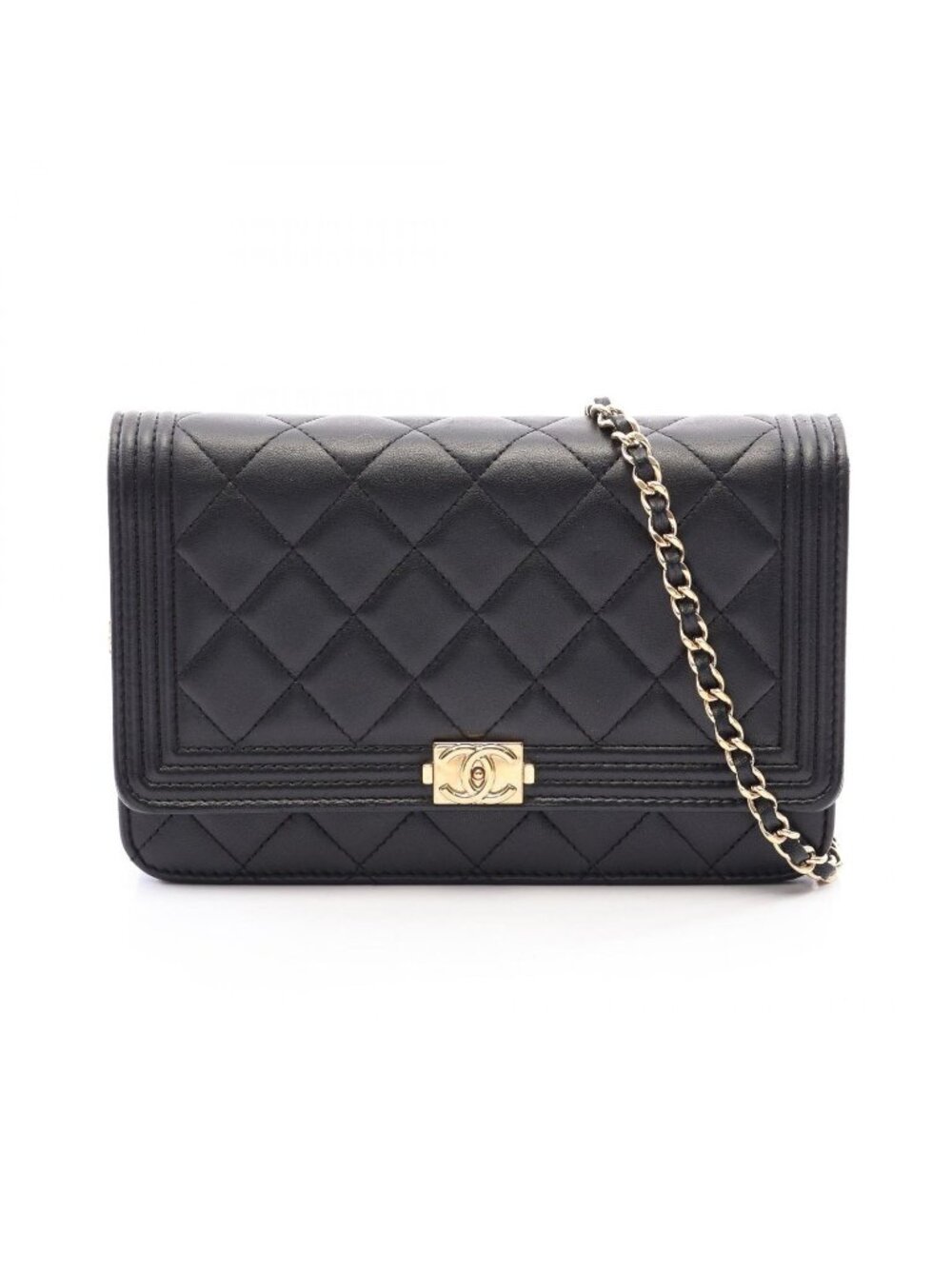 Chanel Shoulder Bag Boy Quilted Black Lambskin Chain Wallet